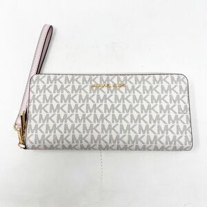 MICHAEL KORS MK Large Logo Continental Wallet Wristlet Pink Vanilla White Gold